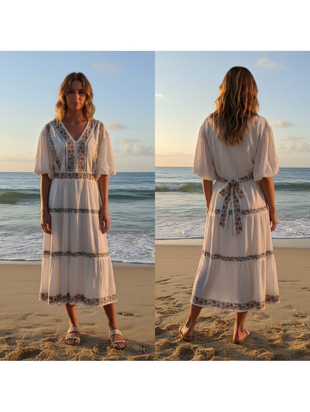 1802- Tea N Rose White Embroider'd Midi Dress w/ Puff Sleeves + Waist Tie, Large